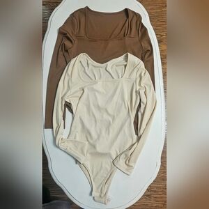 2 Piece Women's Cream and Brown Long Sleeve Stretch Body Suits Size L